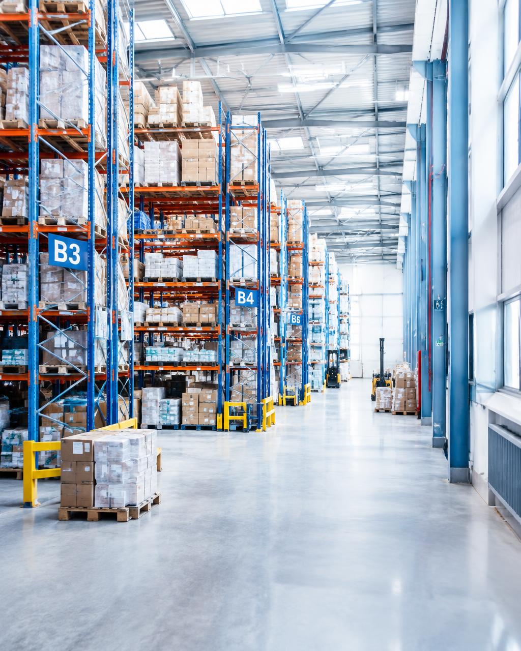 Modern distribution warehouse with orderly pallet racking